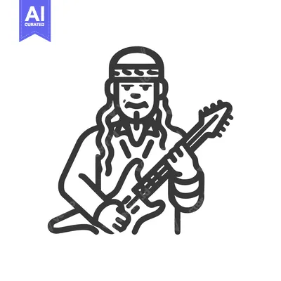 Minimalist Line Art Icon of a Rock Guitarist with Long Hair and Headba