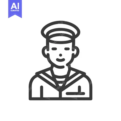 Aset desain premium: Minimalist Line Art Icon of a Smiling Sailor or Captain in Uniform wit