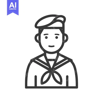 Aset premium populer: Smiling Sailor Character Line Art Icon with Beret and Nautical Collar