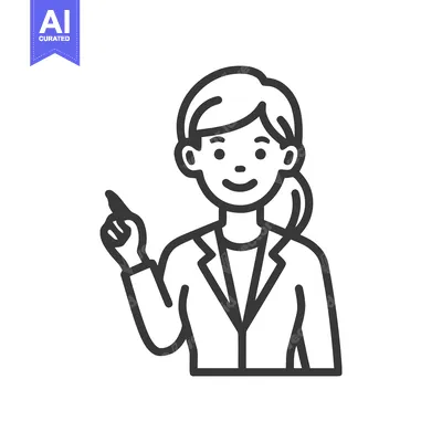 Aset desain premium: Smiling Businesswoman in Suit Pointing Upwards, Minimalist Line Art Ve