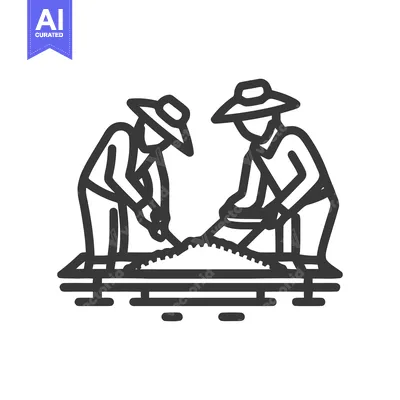 Monochrome Line Art Icon: Two Farmers Processing Rice or Grain on a Ma