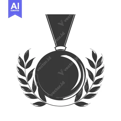 Premium design asset: A Black and White Illustration of a Medal with Laurel Wreaths
