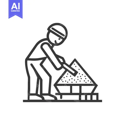 Simple Line Art Icon: Worker in Hard Hat Mixing Building Materials wit