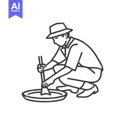 Stylized Line Art Icon of a Gold Prospector Sifting Material in a Pann