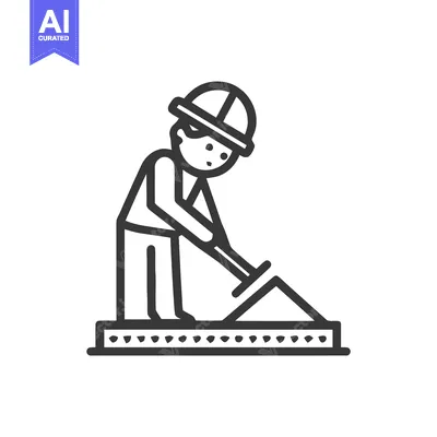 Minimalist Line Art Icon of Construction Worker Shoveling Material, We