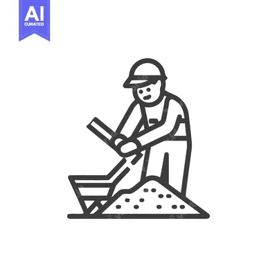 Smiling Construction Worker Shoveling Material into Wheelbarrow Line I