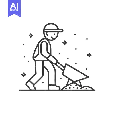 Minimalist Line Art Icon of Worker Shoveling Material with Cap and Smi