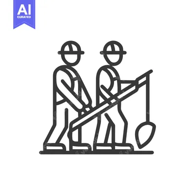 Minimalist Line Art Icon of Two Construction Workers with Shovel and H