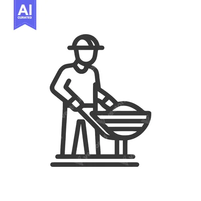Aset premium populer: Construction Worker Icon with Wheelbarrow in Minimalist Line Art Style