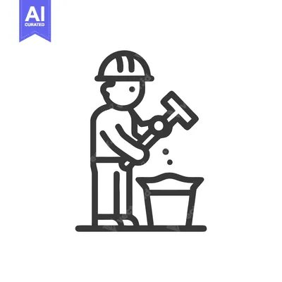 Aset desain premium: Monochrome Line Art Icon of Construction Worker Mixing Cement in Bucke