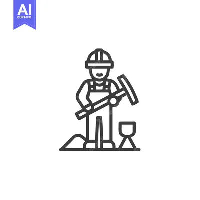 Outline Vector Icon of a Miner or Construction Worker with Pickaxe and