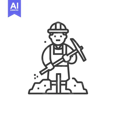 Clean Line Art Icon of a Miner with Pickaxe and Hard Hat, Depicting Di