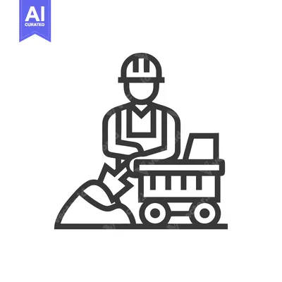Construction Worker Shoveling Dirt into Wheelbarrow Line Icon, Manual