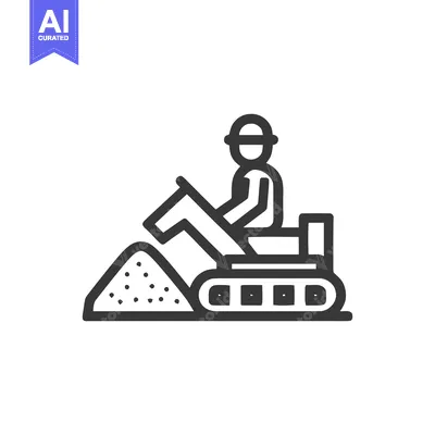 Monochrome Line Art Icon: Construction Worker Operating Bulldozer Movi