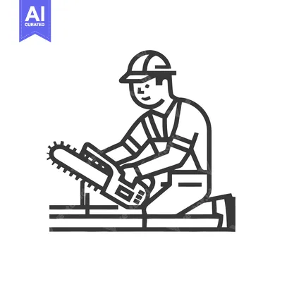 Minimalist Line Art Icon of Worker in Hard Hat Kneeling, Operating Cha