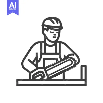 Minimalist Line Icon of a Worker in Hard Hat Cutting Wood with a Chain