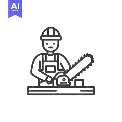 Premium design asset: Worker in Hard Hat Cutting Wood with Chainsaw Line Icon