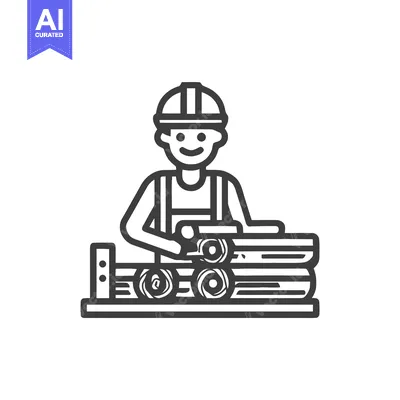 Aset desain premium: Smiling Woodworker in Hard Hat with Stacked Logs Line Art Icon