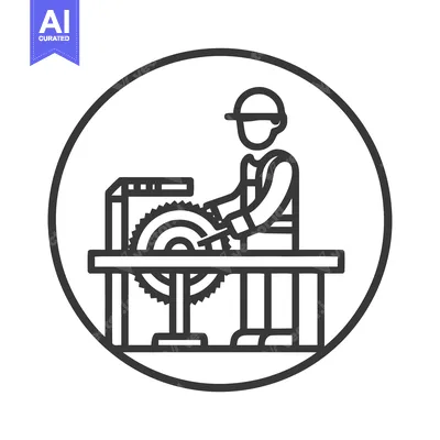 Aset desain premium: Black and White Line Art Icon: Carpenter Operating Table Saw for Woodw