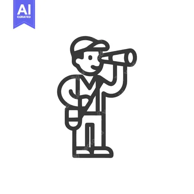 Minimalist Line Icon of Person Looking Through Monocular, Observing an