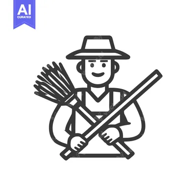 Aset premium populer: Smiling Line Art Icon of a Happy Worker in a Straw Hat Holding a Broom