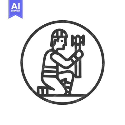 Aset desain premium: Monochrome Line Art Icon: Kneeling Worker in Hard Hat Holding Pickaxe
