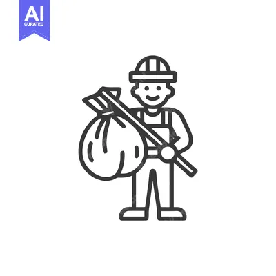 Happy Line Art Icon: Smiling Worker or Traveler with Sack on Stick