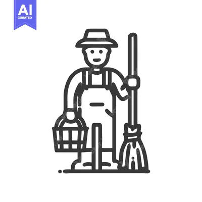Aset premium populer: Charming Line Art Gardener Icon with Basket and Broom on White Backgro
