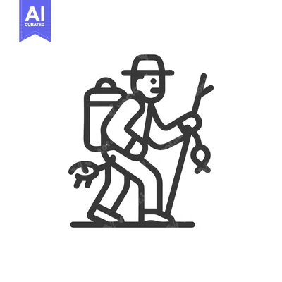 Monochrome Line Art Icon: Man with Backpack, Hat, Fishing Rod, and Fre