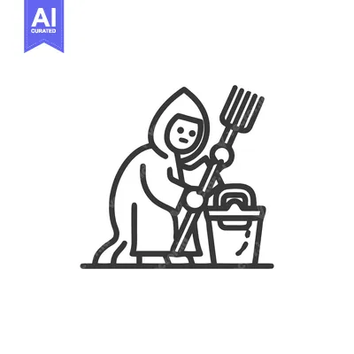 Minimalist Line Art Icon: Hooded Figure with Pitchfork and Bucket for