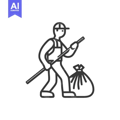 Monochrome Line Art Icon: Worker Cleaning Up Waste with Litter Picker