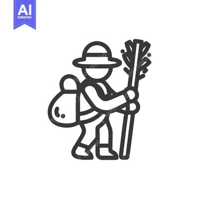 Aset desain premium: Simple Line Icon of Hiker with Backpack and Walking Stick for Outdoor
