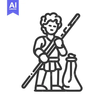 Stylized Ancient Greek Figure with Staff and Bag Line Art Icon