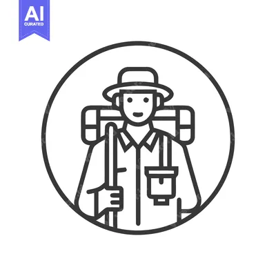Smiling Hiker Line Art Icon with Backpack and Hat for Outdoor Adventur