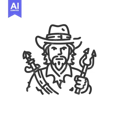 Premium design asset: Rustic Monoline Icon: Bearded Fisherman in Cowboy Hat Holding Spear an