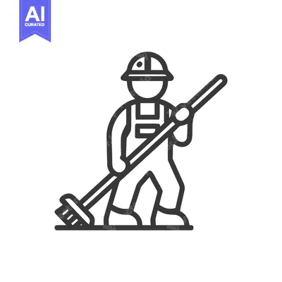 Minimalist Line Icon of a Worker Sweeping with a Broom, Cleaning Servi