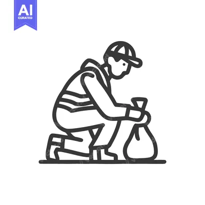 Minimalist Line Art Icon of Person Kneeling, Picking Up Trash into Bag