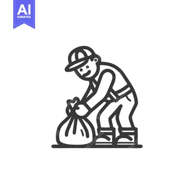 Aset premium populer: Smiling Line Art Icon of Worker Collecting Waste Bag, Symbolizing Clea