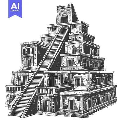 A Black and White Illustration of an Ancient Mayan Temple