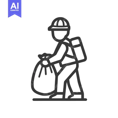 Aset desain premium: Minimalist Vector Icon: Worker in Hat and Backpack Carrying Large Tied