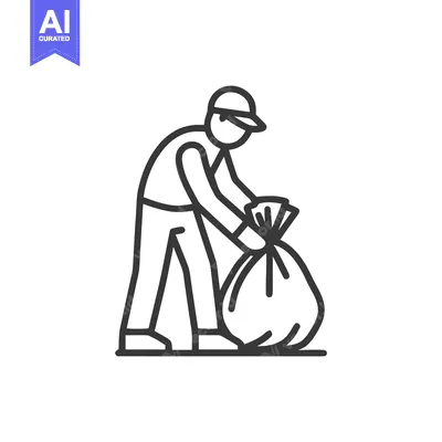 Aset desain premium: Monochrome Line Art Icon of a Person Collecting Garbage Bag, Represent