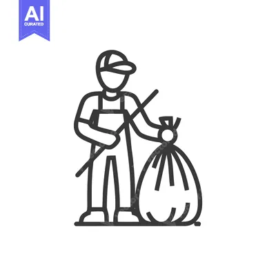 Monochrome Line Icon: Public Cleaner with Trash Bag and Litter Picker