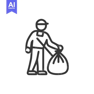 Premium design asset: Clean Line Art Icon: Person in Cap Holding Tied Trash Bag, Symbolizing