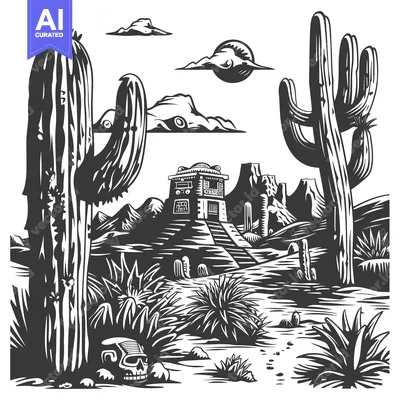 A Black and White Illustration of an Ancient Mayan Temple in a Desert