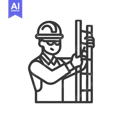 Monochrome Line Icon of Construction Worker Inspecting Rebar Framework