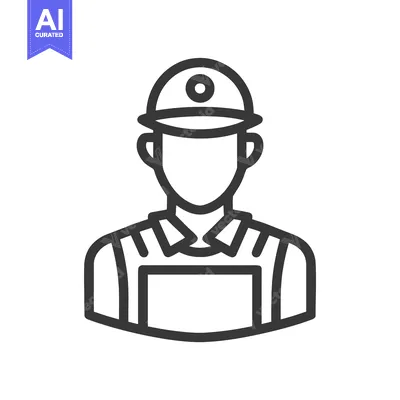 Minimalist Line Art Icon of Construction Worker in Hard Hat and Overal