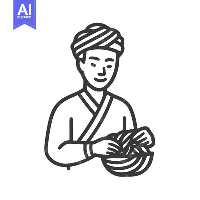 Minimalist Line Art Icon of Man in Turban Preparing Food in Bowl, Trad