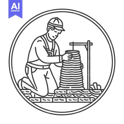 Aset premium populer: Skilled Craftsman Laying Bricks with Plumb Line in Monochrome Line Art