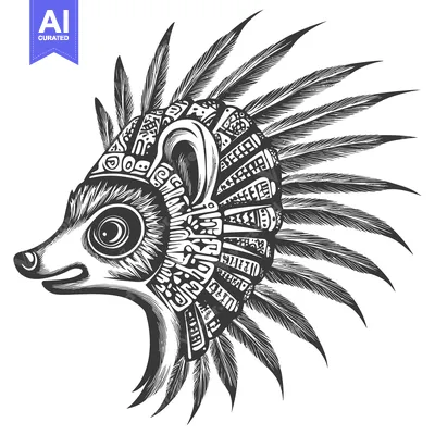 A Black and White Illustration of an Animal Wearing a Feather Headdres