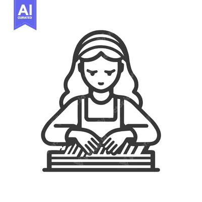 Focused Female Musician Playing Piano Keyboard in Clean Line Art Icon